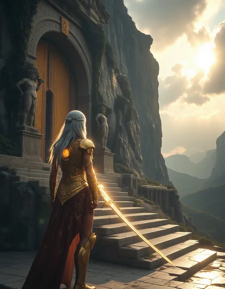 Imagine an image of an immortal guardian, clad in ancient golden armor, etched with swirling celestial patterns, standing at the entrance of an enormous temple built into the side of a colossal mountain. The temple’s gates are covered in thick ivy and overgrown moss, its once-glorious statues now partially crumbled and weathered by centuries of wind and rain. The guardian’s eyes glow with an ethereal white light, contrasting against his deeply tanned, time-worn skin, his long, silvered hair flowing in the wind like liquid metal. His massive two-handed sword, its blade shimmering with divine radiance, rests tip-down against the cracked marble beneath his feet. Beyond the temple entrance, an endless horizon of rolling green hills is partially obscured by low-hanging clouds, while rays of golden light break through the stormy sky, casting long shadows along the temple's grand staircase. The atmosphere is epic fantasy realism, with heavily textured stone surfaces and meticulously detailed reflections in the guardian’s armor.