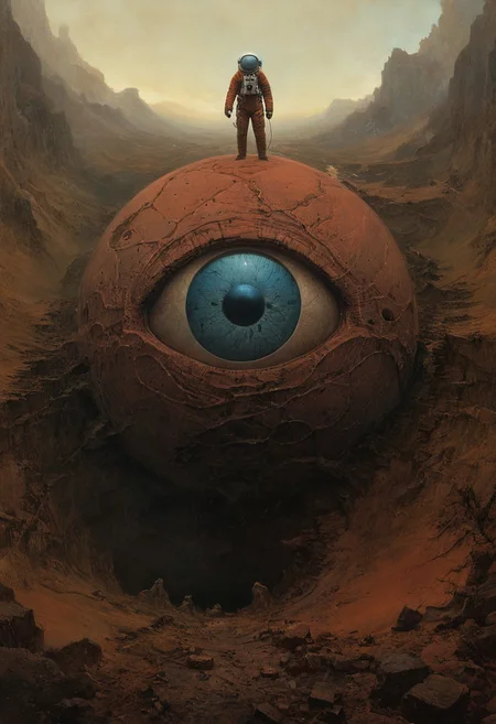 astronaut,  landscape, giant floating eyeball,   digital artwork by Beksinski,