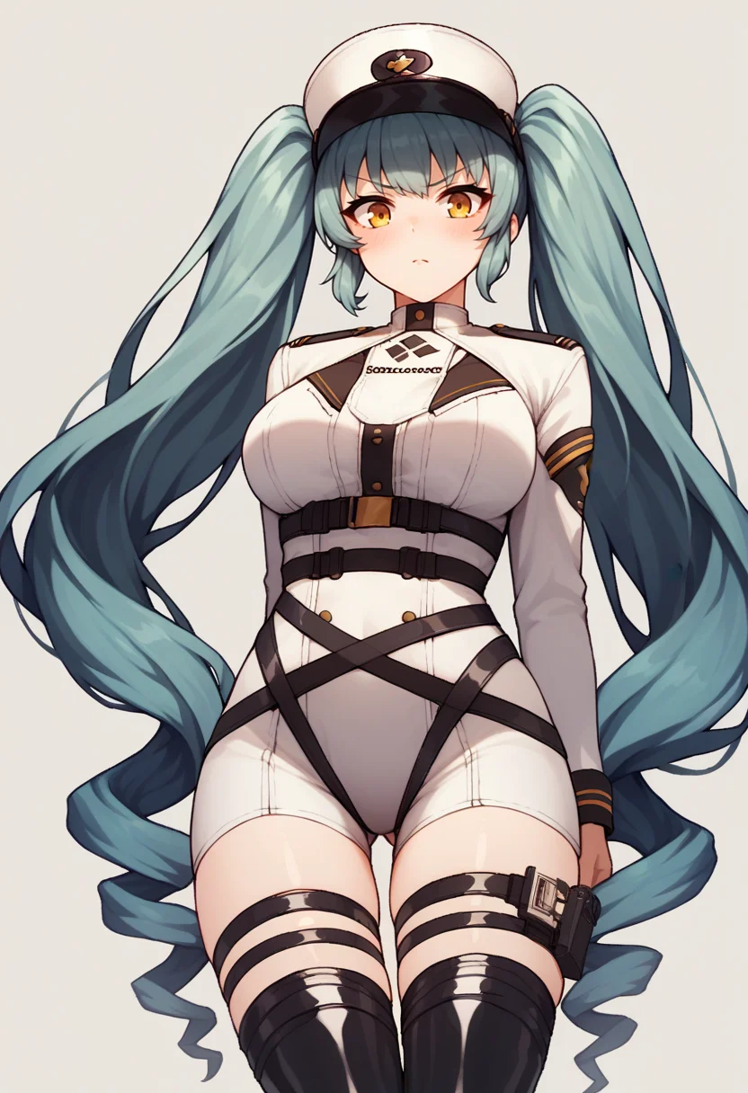 score_9, score_8_up, score_7_up, source_anime BREAK 1girl, <lora:privaty-nikke-richy-v1_pdxl:1> privatydef, yellow eyes, aqua hair, twintails, very long hair, peaked cap, military uniform, harness, thigh strap, black thigh boots