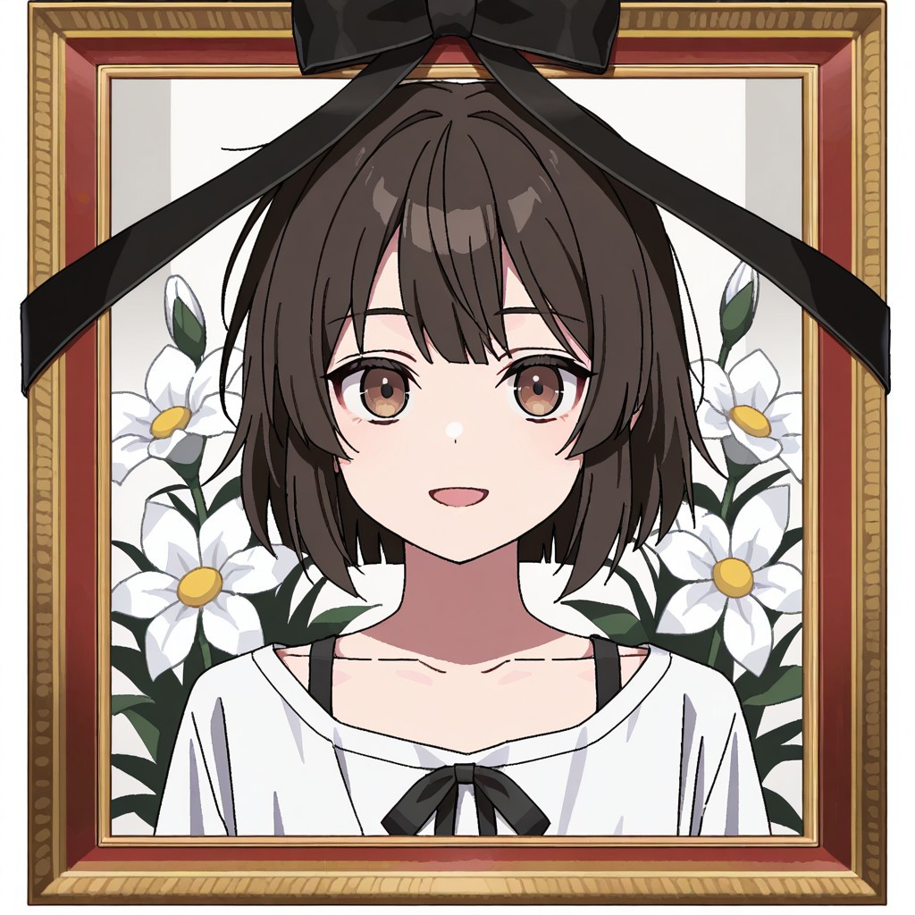 masterpiece, best quality, 32k, high resolution, absurdres, iei, black ribbon, portrait (object), :d, white shirt, oekaki, white flower, collarbone, expressionless, 1boy, male focus, brown eyes, jaggy lines