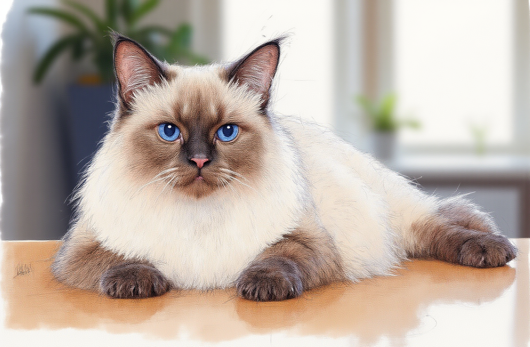 Sharp image of a rough sketch, rendered in vibrant multi colour ballpoint pen, capturing the adorable features of a close-up of a cat lying on a wooden surface. The cat is a Ragdoll breed with white fur and blue eyes. It has a round face with pointed ears and a pink nose. Its body is stretched out in front of it, with its front paws resting on the floor. The background is blurred, but it appears to be a room with a window and a plant. The focus of the image is on the cat's face and body.  p3nsk, <lora:p3nsk:1>