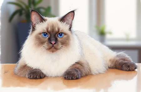 Sharp image of a rough sketch, rendered in vibrant multi colour ballpoint pen, capturing the adorable features of a close-up of a cat lying on a wooden surface. The cat is a Ragdoll breed with white fur and blue eyes. It has a round face with pointed ears and a pink nose. Its body is stretched out in front of it, with its front paws resting on the floor. The background is blurred, but it appears to be a room with a window and a plant. The focus of the image is on the cat's face and body.  p3nsk, <lora:p3nsk:1>