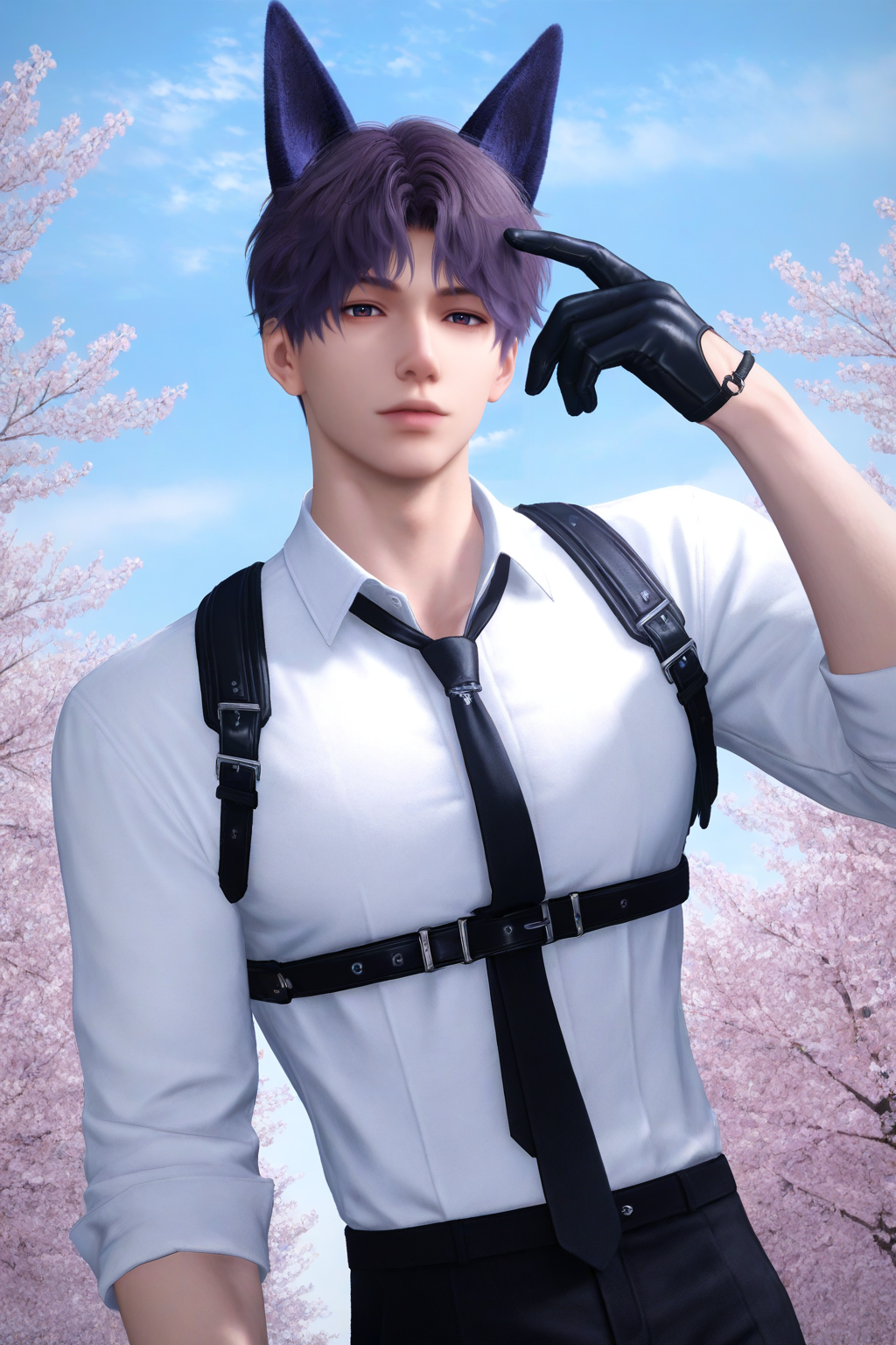 <lora:rafayel-NAI:0.7>,Rafayel, 1boy, male focus, solo, short hair, looking at viewer, shirt, white shirt, collared shirt, gloves, necktie, black gloves, cherry blossoms, outdoors, black necktie, day, sky, animal ears, blue sky, harness, chest harness, finger to head, purple hair, yaoi,bara,male focus,very awa,masterpiece,best quality,amazing quality,nsfw,uncersored,highres,best quality,amazing quality,best aesthetic,absurdres,