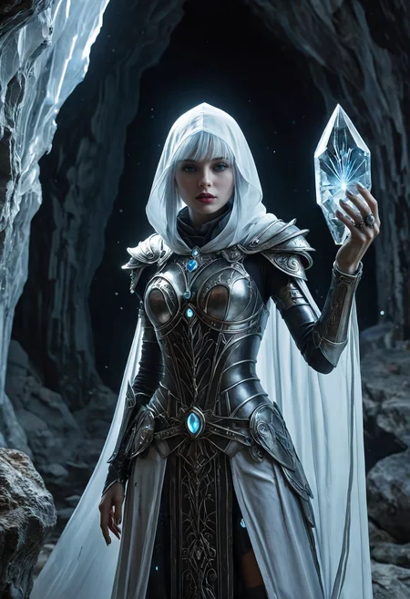 A Godot rendering depicting a crystal-cult wraith embodying fragile elegance. She is seen summoning a foggy crystal wall of immense range in front of herself. Her thin figure is shielded by a crystal skeleton-cuirass with an impervious appearance, featuring an exposed midriff, as well as crystal chains. Long silver-trimmed slabs of moonstone are attached to a round pauldron on one shoulder. Cuts and scratch-marks on the armor's surface tell a story of battles past and foes vanquished. A selenite hood with a silky design adorns her head, eccentric dyed hair visible beneath. Taking place within the lightless depths of a moonstone cavern with opalescent bioluminescent fungi casting eerie light upon the unknown symbols on the etched walls. The setting's tone is defined by volumetric lighting. The rendering's style is characterized by breathtaking graphics, using ray-tracing and 8K textures. The color theme is showcasing rich hues.