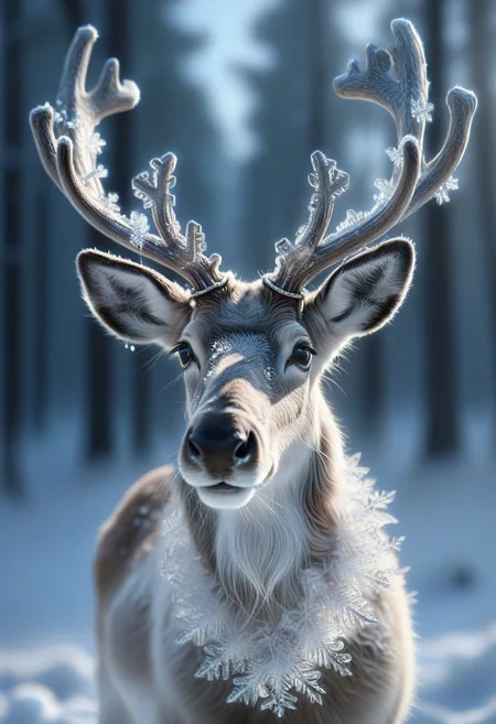 snowflake, A hyper-realistic close-up of a majestic reindeer, its soft, velvety fur dusted with snowflakes. The reindeer's large, expressive eyes glisten with warmth, and its antlers are adorned with a delicate layer of frost, catching the soft light of a snowy winter day.
Snowflakes gently fall around the scene, some resting lightly on the reindeer's nose and fur, while others sparkle in the cool, ambient light. The background is softly blurred, suggesting a serene snowy forest, with bokeh-like effects from light filtering through the trees.
The atmosphere is tranquil and magical, emphasizing the natural beauty of the reindeer and the intricate, crystalline details of the snowflakes. The overall composition captures a peaceful moment that feels both intimate and enchanting.