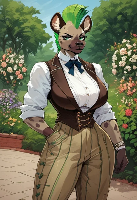 score_9, score_8_up, score_7_up, best quality, masterpiece, highres, Marcie, anthro hyena girl, green mohawk, wolfcut, deatiled green eyes, huge breasts, old mansion, beginning of 20th century clothes, suede pants, suede vest, cowboy shot, renaissance garden,