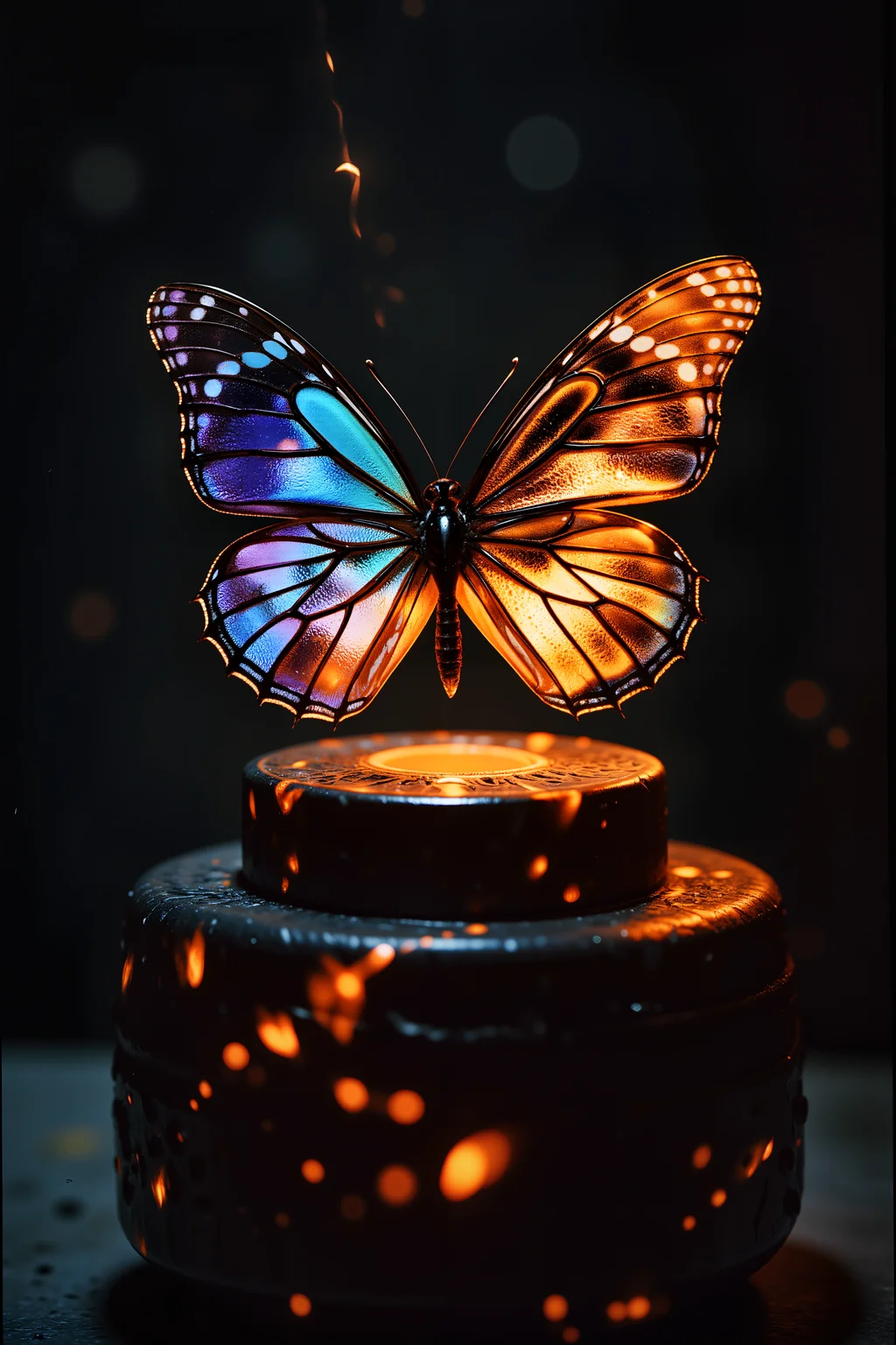 Resting atop a polished obsidian pedestal, a butterfly with shimmering, stained-glass wings flutters gently, its translucent panes glowing from within. The delicate wings are an intricate mosaic of blues, purples, and oranges, their edges lined with a thread of molten gold that flickers like candlelight. Every movement sends ripples of color through the air, casting reflections like liquid fire onto the surrounding surfaces. Its body, a slender, silver filament, pulses faintly with a soft, inner warmth, as though carrying the last embers of a dying star. Tiny motes of light drift from its wings, dissolving into nothingness like forgotten dreams. The air around it is warm, carrying the faint scent of burning incense and something indescribably ancient. The pedestal beneath is etched with swirling runes, their edges worn with time, suggesting this creature has rested here for countless ages. In the distance, faint echoes of wind chimes ring, though no breeze stirs the still air. It is a being of ephemeral beauty, a fusion of fragile glass and eternal fire. , detailed background Fantastic lighting. Detailed shadows.intricate details, vivid colors, hyper-detailed, ultra-sharp, , <lora:sxz-Vintage-Fantasy-Flux:0.45><lora:n30nfilm:0.8><lora:lith_mimosa_kiel_grw134_FLUX:0.45><lora:DreamArtFluxV1.0:0.55><lora:shrooms-house-000012:0.3>