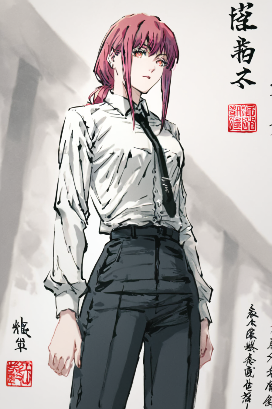 score_9, score_8_up, score_7_up, score_6_up, score_5_up, score_4_up, <lora:mak1ma0XL_Pony_v1:1> , mak1ma0, red hair, long hair, ringed eyes,  white collared shirt, black necktie,  black pants, <lora:traditional_japanese_calligraphy:1>, 1girl, solo, alone, standing, traditional japanese calligraphy, masterpiece, highres, white background