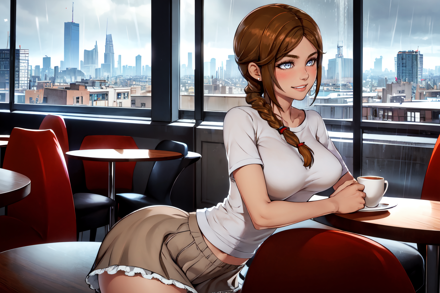 a woman sitting in a cafe holding a cup of tea, big city in background window, rain outside, dynamic sexy pose, shy smile,beautiful eyes, beautiful girl, high detail skin, high detail eyes, high detail hair, highres, ultra detailed, sharpen picture, Highly detailed, masterpiece, best quality, photorealistic,
 <lora:JulieLoRA:0.8> 1girl, long hair, petticoat, blouse, braid,