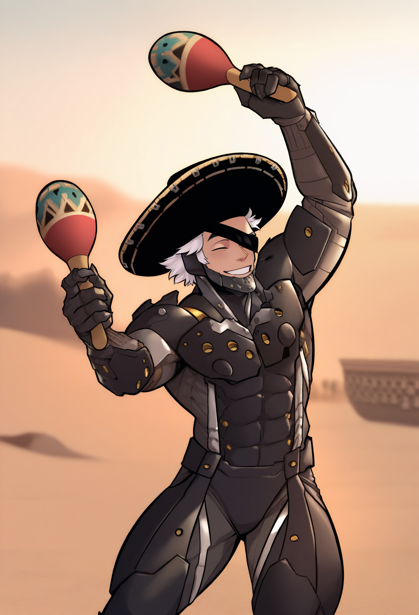 1boy, solo, male focus, holding maracas, desert, blurry background, dancing, happy, 
muscular male, white hair, short hair, hat, cyborg, mechanical chin, bodysuit, eyepatch, one eye covered
masterpiece, best quality, <lora:Kohei_Horikoshi-IllustriousV102-guy90:1>, ihshok, <lora:RaidenMGRR_illusXLNoobAI_Incrs_v1:1>, RaidenMGRSombrero
