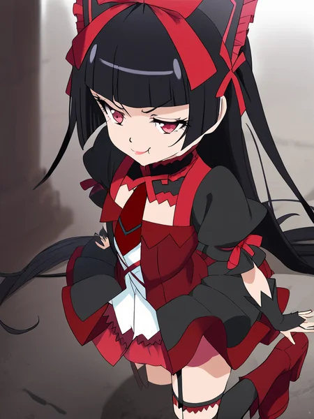 <lora:rory_mercury-PD-1.0-full:1> score_9, score_8_up, score_7_up, score_6_up, score_5_up, score_4_up, rory mercury, black hair, hair ribbon, dress, necktie, puffy sleeves, thighhighs, garter straps, boots, smug