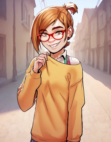 Darcy, , 1girl, glasses, brown hair, solo, shirt, brown eyes, smile, sweater, looking at viewer, red-framed eyewear, short hair, lips ,outdoors, looking at viewer, cowboy shot, score_9, score_8_up, score_7_up, score_6_up, score_5_up, score_4_up, <lora:Darcy2.0Pony (1):1>