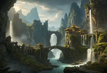 masterpiece, best quality, ultra detailed, professional light, cinematic lighting, ambient lighting, atmospheric effects, epic landscape, fantasy city, ruins, waterfall, mountains, cliff, bridge, Kintsugi, path, clouds