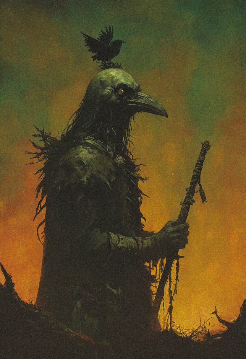 In a clearing illuminated by the moon's eerie light, the Bog Conjurer practices his craft. The glow from his eyes casts a sinister light on his face, highlighting the stark contrast between his punk attire and the natural setting. His crow companion caws, a foreboding sound that echoes through the night., 
in the style of the decaying empire of Wurstreich, dark magic and grotesque creatures abound, inspired by Sean Aaberg's punk aesthetic, dark fantasy world combines grim landscapes with vibrant, exaggerated colorful art, heroes skirmish monstrous foes in a setting where rebellion, decay, and mysticism intertwine, crafting a unique, immersive vibe
, the scene is captured in dimly lit dark fantasy but vibrant colors, with bold ink lines defining form against the watercolor wash of the aged paper