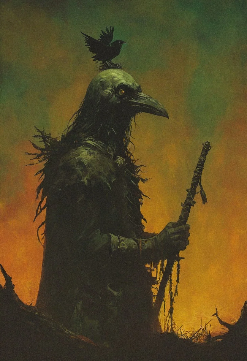 In a clearing illuminated by the moon's eerie light, the Bog Conjurer practices his craft. The glow from his eyes casts a sinister light on his face, highlighting the stark contrast between his punk attire and the natural setting. His crow companion caws, a foreboding sound that echoes through the night.,
in the style of the decaying empire of Wurstreich, dark magic and grotesque creatures abound, inspired by Sean Aaberg's punk aesthetic, dark fantasy world combines grim landscapes with vibrant, exaggerated colorful art, heroes skirmish monstrous foes in a setting where rebellion, decay, and mysticism intertwine, crafting a unique, immersive vibe
, the scene is captured in dimly lit dark fantasy but vibrant colors, with bold ink lines defining form against the watercolor wash of the aged paper