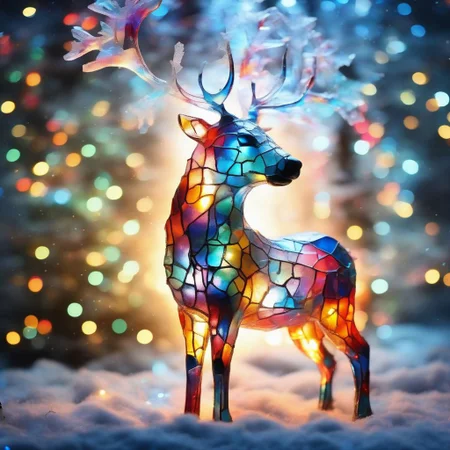 Made_of_pieces_broken_glass, reindeer made of broken glass, backlit, fairy lights, electric glow, winter, snow, christmas tree, ornaments, AuroraStyle, nighttime, high quality photograph, f/4