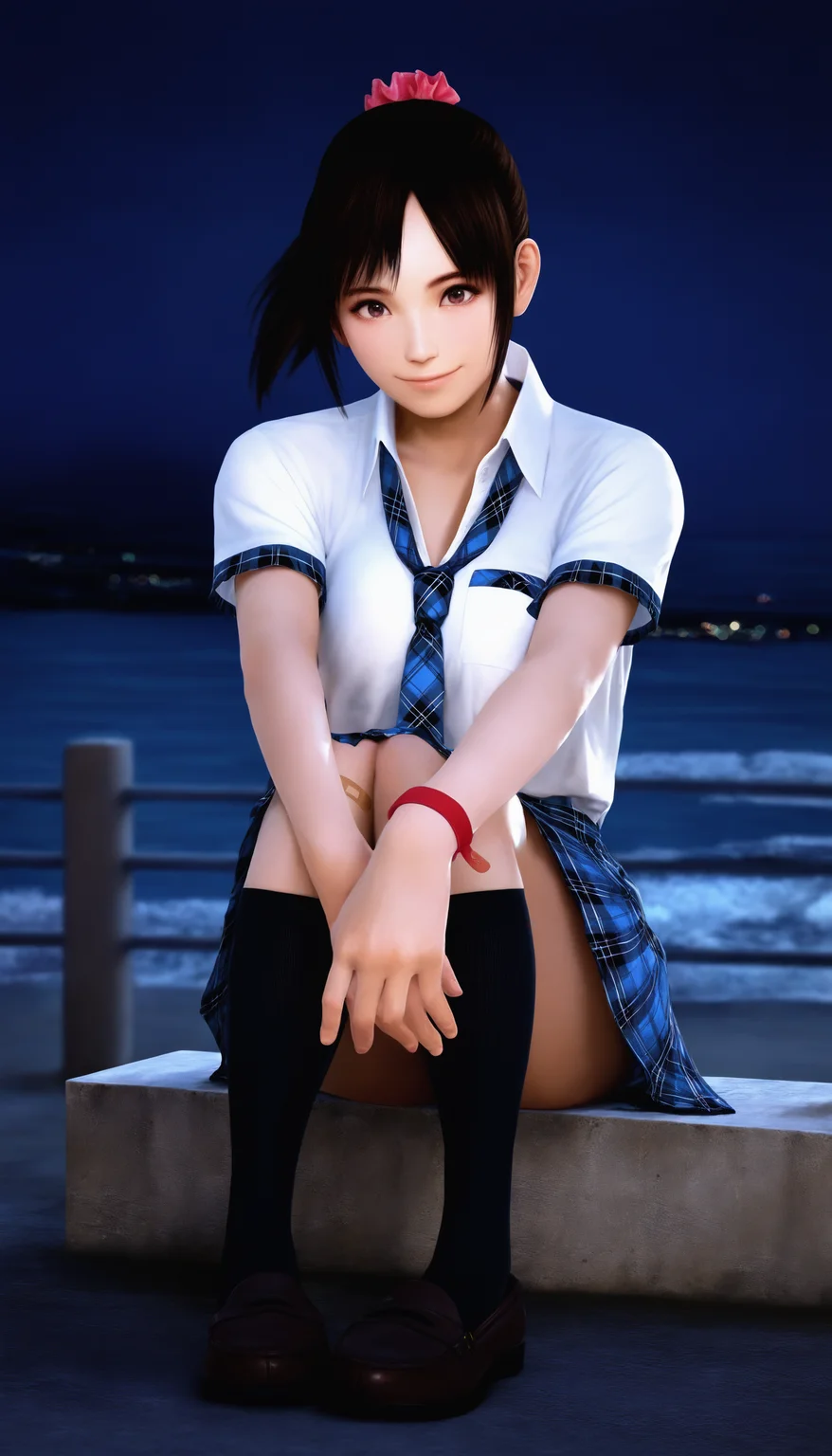 masterpiece,best quality,amazing quality,
<lora:miiyamotohikariNAI:1>,miiyamotohikari,realistic,
1girl,solo,black hair,ponytail,bangs,pink scrunchie,brown eyes,white collar shirt,blue plaid skirt,blue plaid necktie,red wristband,
black kneehighs,brown loafers,
bandaid on knee,
sitting,hugging legs,looking at viewer,smile,
night,sea,
soft lighting,bloom,light particles,