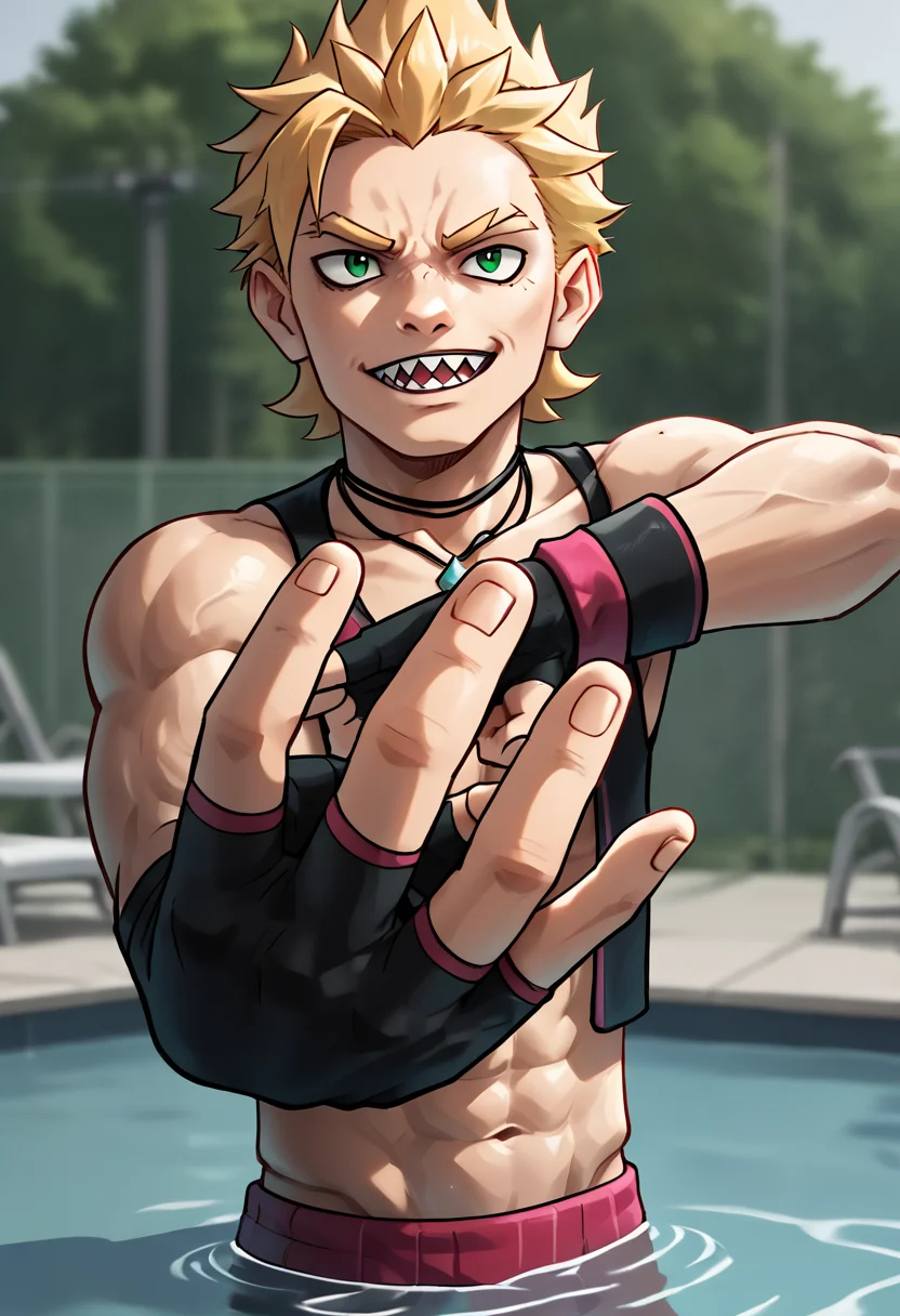 score_9, score_8_up, score_8,
<lora:Holding_Up_4_Fingers:0.7> holding up 4 fingers, 4f1ng3rs, pose
outdoors, swimming pool, <lora:GarfXL:0.8> blonde hair, 1boy, spiked hair, necklace, green eyes, sharp teeth, looking at viewer, muscular, fingerless gloves, fur trim