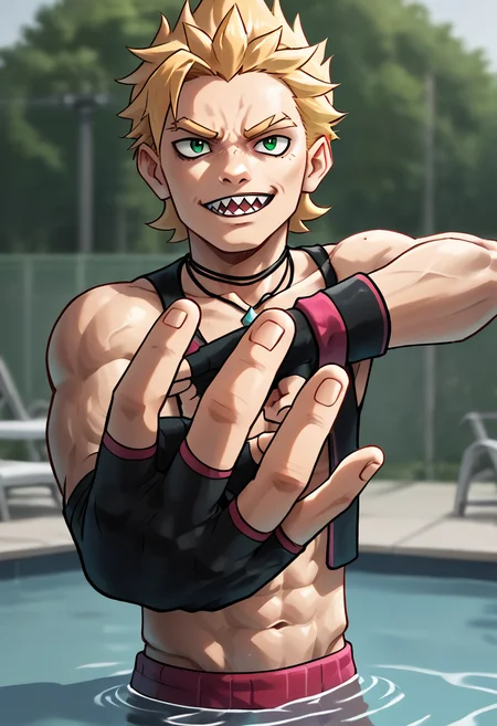 score_9, score_8_up, score_8,    
 <lora:Holding_Up_4_Fingers:0.7> holding up 4 fingers, 4f1ng3rs, pose
outdoors, swimming pool,   <lora:GarfXL:0.8> blonde hair, 1boy, spiked hair, necklace, green eyes, sharp teeth, looking at viewer, muscular, fingerless gloves, fur trim
