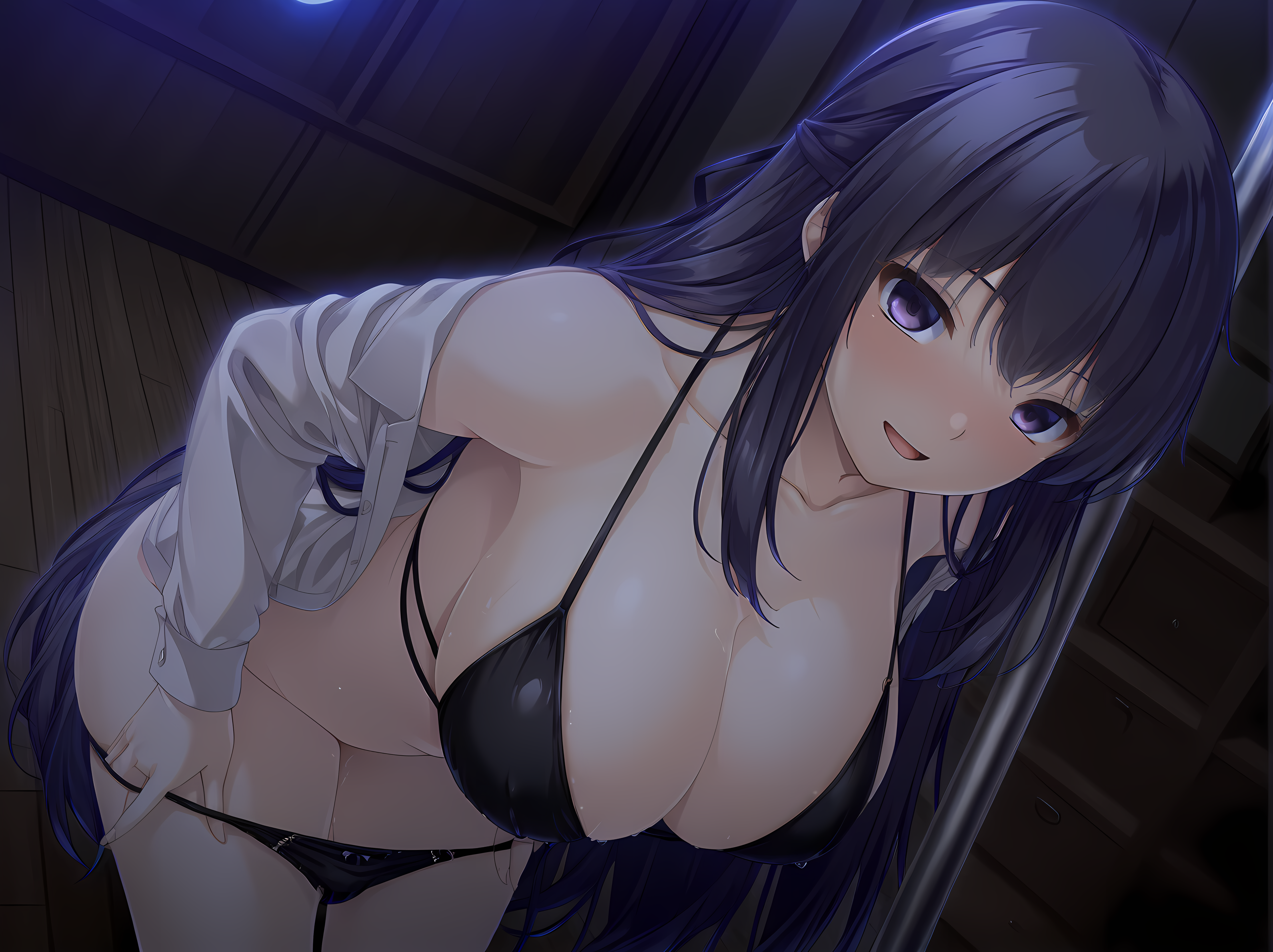 indoors,parted lips,escude,breasts,long hair,large breasts,black hair,purple eyes,very long hair,indoors,blush,smile,<lora:Kagami_Shura_-_Illustrious:1>,looking at viewer,moonlight,undressing,stripper pole,stripper,pole dancing,sexually suggestive,stage,, masterpiece,best quality,amazing quality,