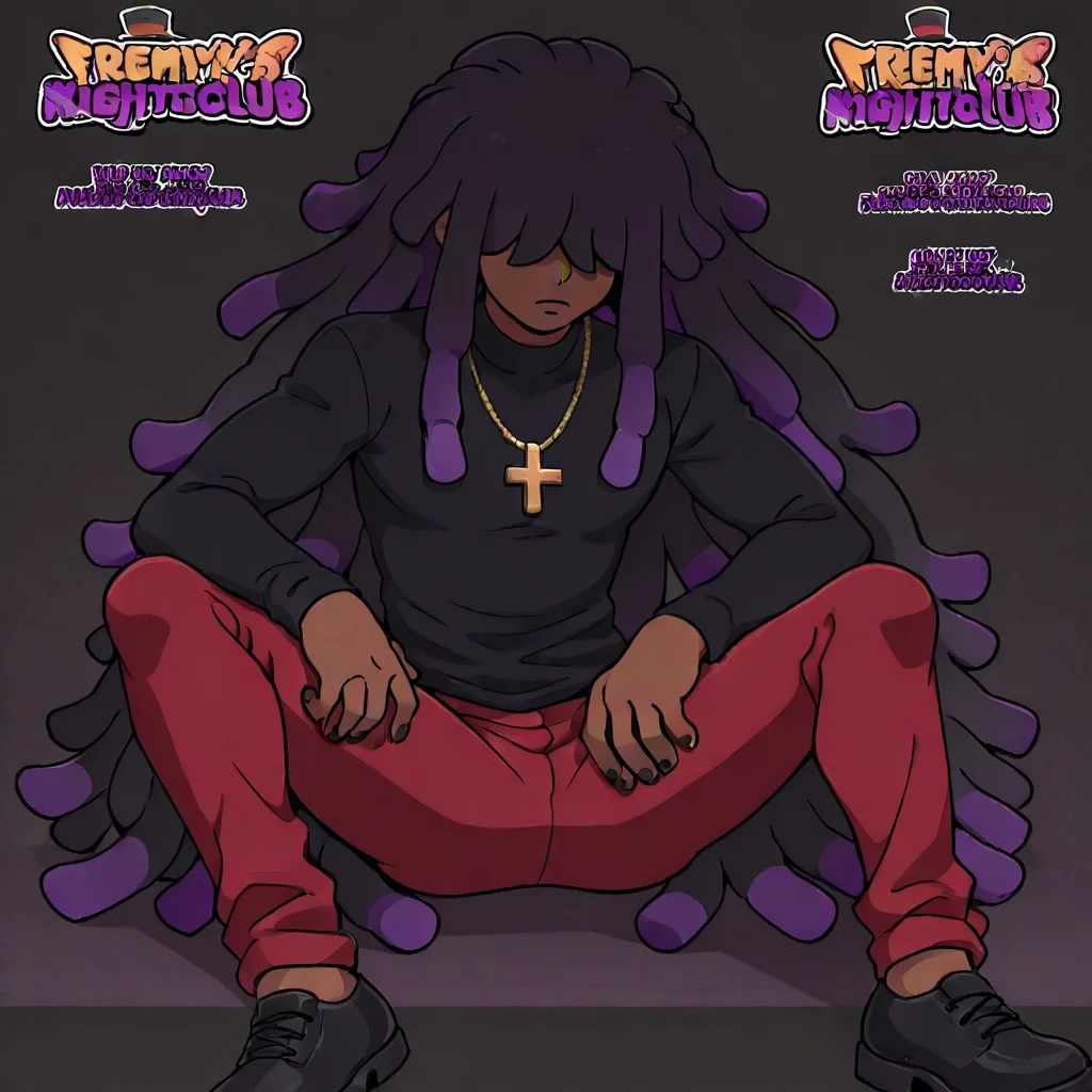 (solo,alone,one character) score_9 score_8_up score_7_up high_resolution 1,solo, single character, (dark skin male,male)(very long hair,dreadlocks,black hair, purple highlights,) (tall:1)(hair over eyes) (cross necklace,black shirt,long sleeves,red pants, black shoes), black nails Purple halos, Front view,