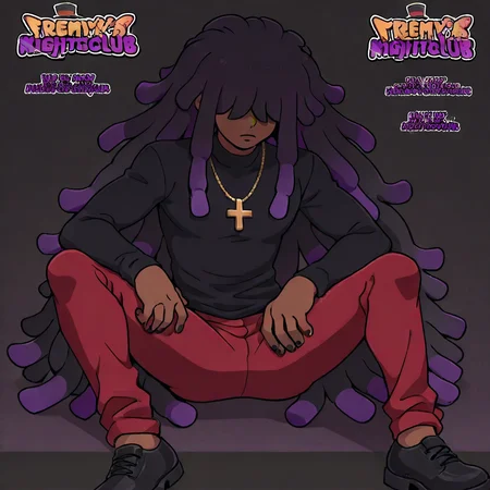 (solo,alone,one character) score_9 score_8_up score_7_up high_resolution 1,solo, single character, (dark skin male,male)(very long hair,dreadlocks,black hair, purple highlights,) (tall:1)(hair over eyes) (cross necklace,black shirt,long sleeves,red pants, black shoes), black nails Purple halos, Front view,