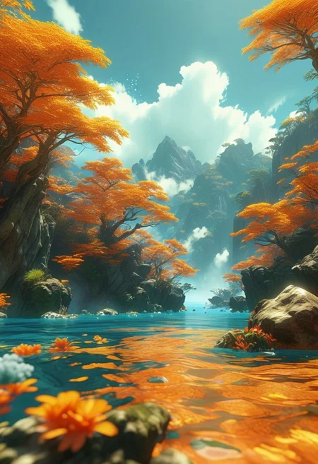 (ultra high res:1.4), (masterpiece), (beautiful lighting:1.4) , lush orange warm forest, Mountains, sunlight setting illuminates the crystal-clear water, (deep underwater), anime, half above water and half below water, (clear underwater), beautiful sky with clouds and smoke, tropical fish, depth
