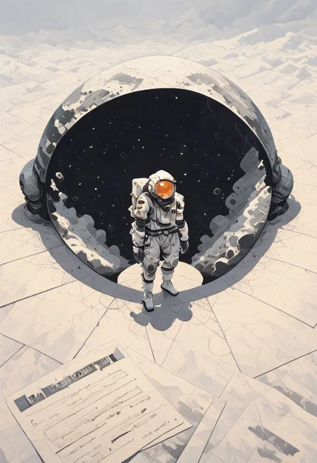 The astronaut stands holding his helmet in his armpit. He's facing away from the viewer. The surface of the Earth curls around him, forming a perfect circle. Bird's-eye view.
white theme, watercolor painting, edges of the picture are fading into old paper
deep of fields sinozick style, flat color, idark theme, n the style of cksc, illustration, masterpiece, (extremely detailed CG 8k), (very fine 8K CG), (ultra detailed perfect piece:1.2), lat color, no lineart,,(no lineart, flat art style:1.0), NO_LINE_ART, comical, simple,