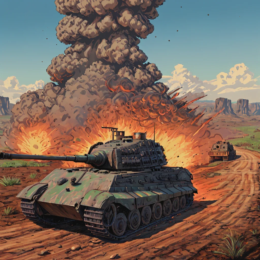 a kngtgrtnk tank is driving down a dirt road, smoke, war, craters, explosions, ((pulp_comic, heavy_lines, hand_drawn, hand_inked, hand_colored, apxlz))