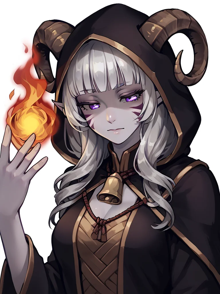 <lora:fireball:1>, fireball, magic,, source_furry, score_7_up, rating_safe, cowboy shot, gold necklace, tiefing, short pointed ears,brown horns, (a pair of brown sheep Horns that begin at her temples and curve back: 1.5), bangs,long silver hair long wavy hair, pale skin,<lora:whisker_markings:0.8> whisker_markings:1.4 , pointy ears, purple eyes:1.2, <lora:age_slider_v4:0.6> medium breasts, skinny female, close up, silver hair, <lora:Tieflingnew weird fantasyDND:0.3> Tiefling, pointed ears, horns, half-closed eyes:1.5,<lora:Smooth Style 2 SDXL_LoRA_Pony Diffusion V6 XL:0.5> shepherd's crook, bell, robe, hood off, <lora:Nanoless_Artist_Style_PonyXL:0.3> shaded face:1.2,