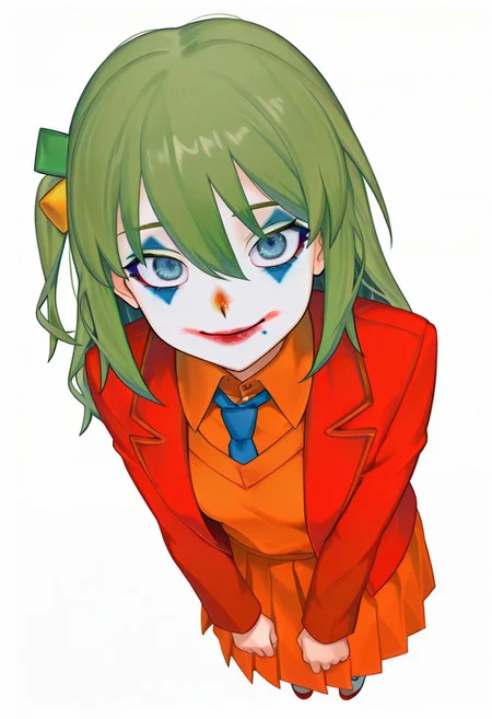 masterpiece,best quality,amazing quality, Conway671, clown, Blue eyes, red lipstick facial mark, green hair, facepaint, white makeup, red makeup, blue makeup, orange shirt, red jacket, shirt, orange skirt, blue necktie, full body, white background