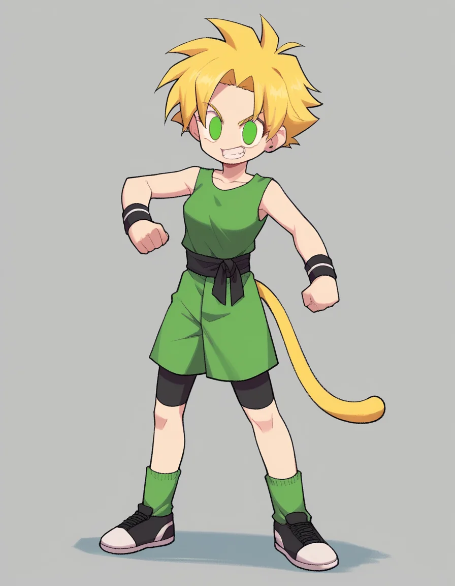 zPDXL, score_9, score_8_up, score_7_up, source_anime, 4k, absurdres, 1girl, solo,
<lora:CWew:1> cwew, green dougi, black sash, bike shorts, green socks, black sneakers, black wristbands, black cuffs, martial artist, looking at viewer, grin, flex, yellow aura,, <lora:Parsleah_v1:0.6> parsleahssj, blonde hair, spiked hair, super saiyan, green eyes, no pupils, (monkey tail, yellow tail), small breasts