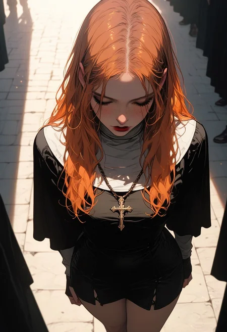 masterpiece,best quality, highly detailed, score_9, score_8_up, score_7_up, score_6_up, source_cartoon,
BREAK
BREAK
1girl, solo, gray medieval square, medieval setting, daytime, natural lighting, girl standing, facing camera, (orange hair), dark green eyes, (long hair), dark red lipstick, cute girl, perfect round face, decorations on body, freckles, touching hair, (shy), (looking down), (intricate nun outfit), athletic, (wide hips, thick thighs:1.6), (big half-closed eyes), crowd in background, detailed textures, raw emotion, explicit focus, danger tension.
BREAK
dynamic light, warm_light, vibrant colors warm_colors, soft focus, high contrast, textured surfaces, depth of field, golden hour lighting, dramatic shadows, rich details, nature-inspired color palette, playful composition.
,dynamic angle,dynamic light,background,