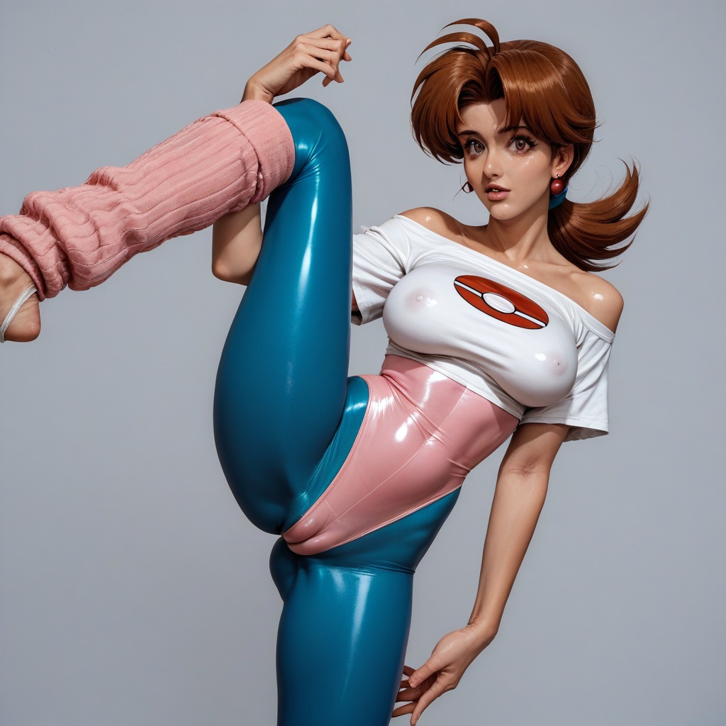 pornstar, porn, pornography, realism, photorealism, score_9, score_8_up, score_7_up, score_6_up, score_5_up, solo, source_pokemon, delia ketchum, BREAK, MILF, large breasts, 25 year old female, delia ketchum\(Pokemon\), 1woman, (brown hair), brown eyes, shiny skin, perfect beautiful face, long eyelashes, sharp eyes pupils, full lips, parted lips, nice thighs, round ass, nervous expression, shiny skin, naughty face,  dutch angle, front facing, Standing split, brown hair, yellow hairband, brown eyes, retro_workoutwear, 1980s_(style), aerobics, leg_warmers, stirrup_legwear, neon, leggings, shiny_leotard, neon_pink, crop_top, off_shoulder, tented_shirt, cameltoe, skintight, see-through, standing, sexy pose, simple background