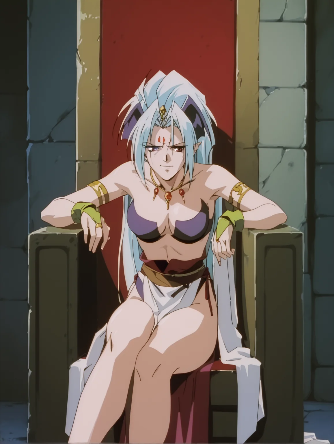 score_9, score_8_up, score_7_up, <lora:words-worth-ponyxl-000009:1> d3lt4, cleavage, necklace, armlet, pelvic curtain, 1girl, solo, smirk, sitting, throne room