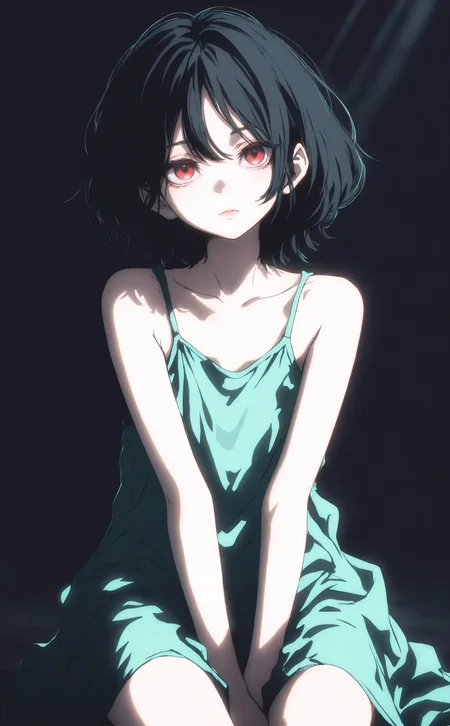 masterpiece, best quality, amazing quality, very aesthetic, high resolution, ultra-detailed, absurdres, newest, 1girl, solo, black hair, red eyes, short hair, looking at viewer, sitting,expressionless,between legs, hand between legs,
sleeveless dress, aqua dress, black background, straight on, backlighting, LDSCH Style, <lora:noobai_ep11_stabilizer_v0.138_fp16:0.3> <lora:NOOB_vp1_detailer_by_volnovik_v1:0.3> <lora:ma1ma1helmes_b-000014:0.4> <lora:LDSCH-IL:0.8> <lora:CrypticHue:0.7>