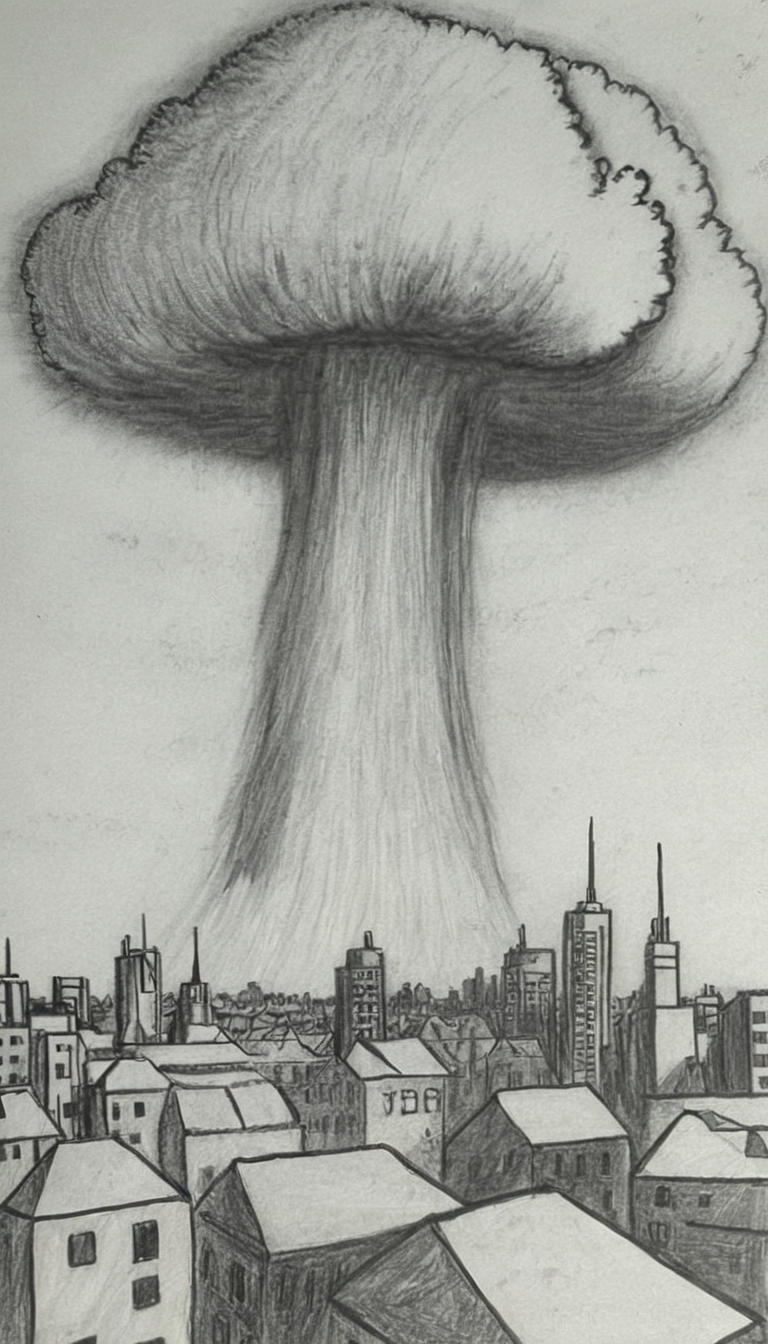 mushroom cloud over a city <lora:DD-Drawing-XL:1> black, and, white, drawing