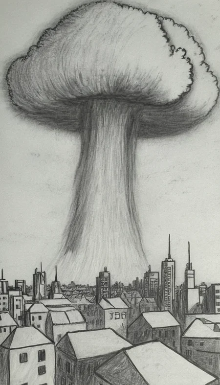 mushroom cloud over a city <lora:DD-Drawing-XL:1> black, and, white, drawing