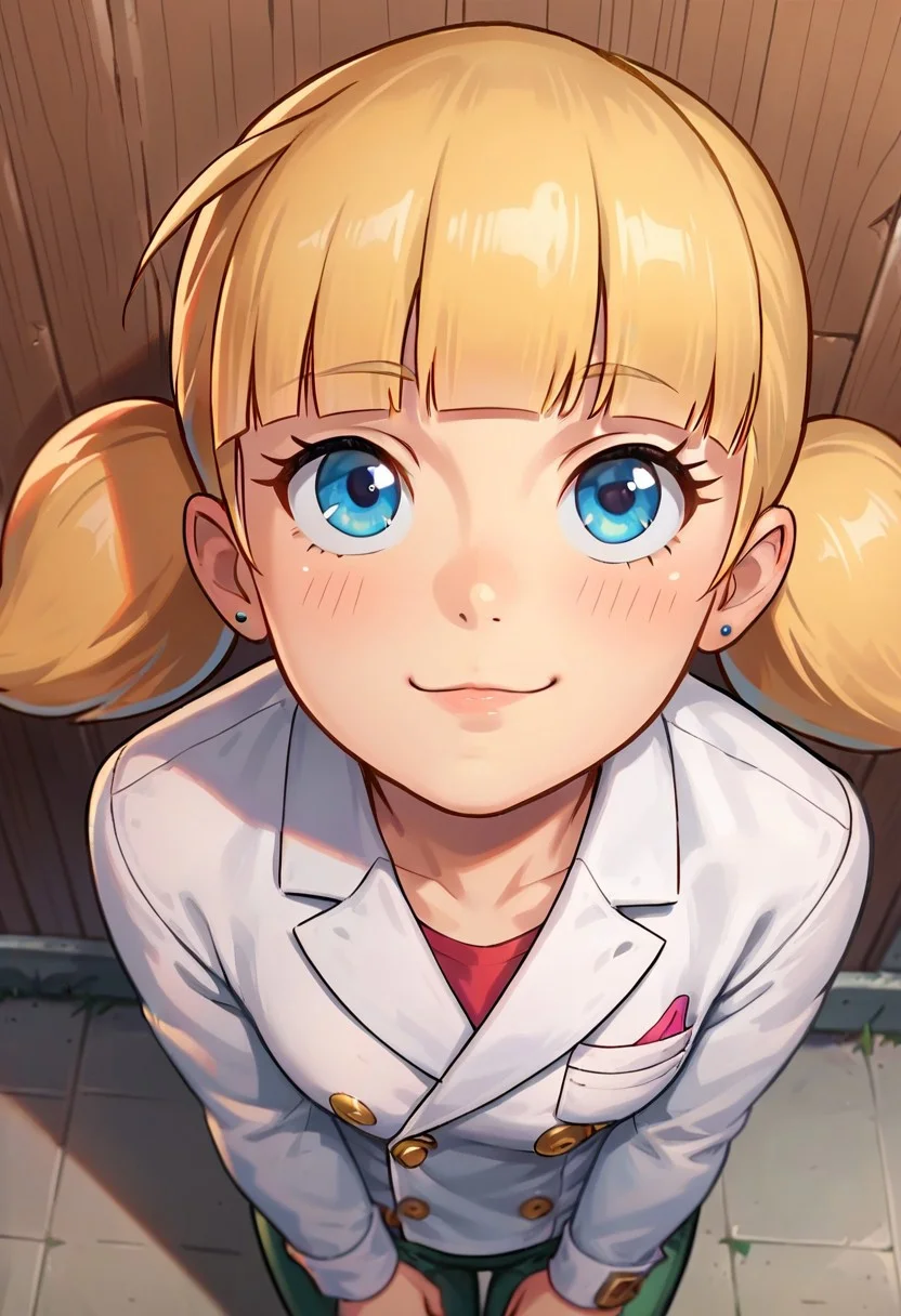 score_8, score_8_up, score_7_up, score_6_up, source_anime, BREAK, 1girl, solo, female focus,, penny_ig, blonde hair, twintails, blue eyes, double-breasted suits, smug, from above, looking at viewer, looking up,