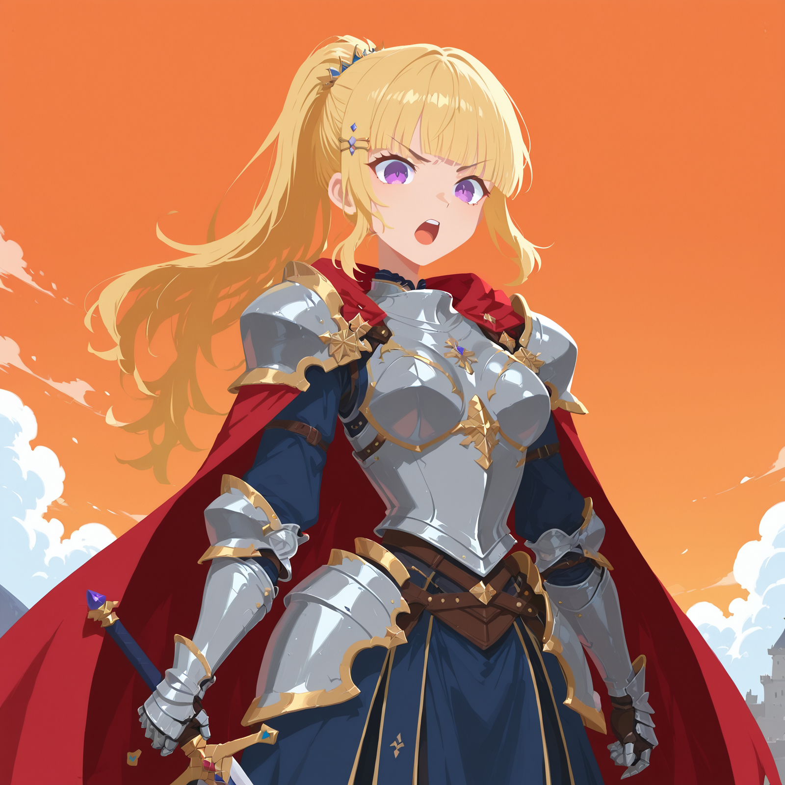 (masterpiece),(best quality),(ultra-detailed), very aesthetic, artist:, {prompt}, masterpiece, best quality, good quality, newest, very awa, absurdres, highres, 1girl, solo, long hair, breasts, open mouth, blonde hair, hair ornament, holding, purple eyes, ponytail, weapon, sword, blunt bangs, holding weapon, cape, armor, v-shaped eyebrows, holding sword, shoulder armor, gauntlets, pauldrons, breastplate, red cape, armored dress, knight, orange sky, plate armor, boobplate,