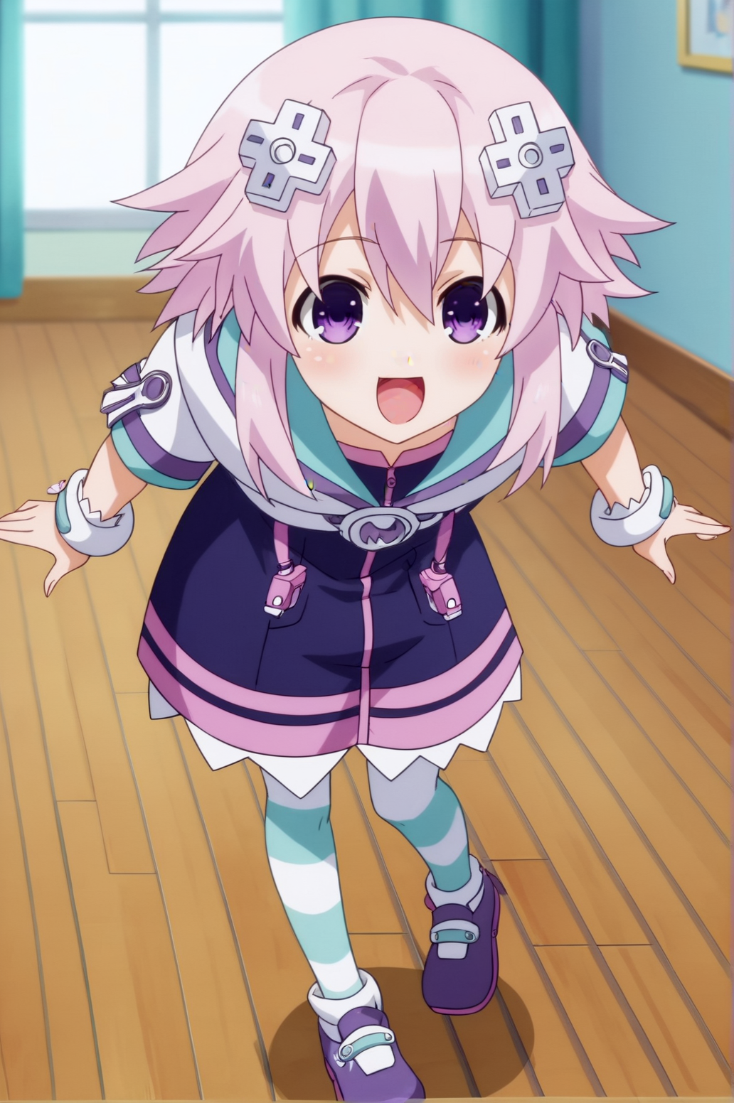 score_9, score_8_up, score_7_up,anime_source, source_anime, best background, detailed background, anime screencap,  Neptune, Main Outfit, indoors, blush, indoors, happy, dynamic angle, dynamic pose, bent over, full body, <lora:JN_Neptune:0.8>