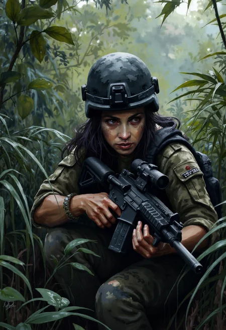 watercolor of, A Latina woman with dark brown eyes and caramel skin, her long black hair concealed under a black tactical helmet, moves silently through the underbrush of a jungle, her body camouflaged in digital-patterned fatigues as she grips a suppressed FN SCAR rifle, her breath steady and controlled, the dense foliage around her teeming with the sounds of tropical wildlife, the scent of wet leaves and damp soil filling her nose as she approaches a hostile encampment, her movements smooth and deliberate, the distant sound of enemy chatter on her radio as she relays coordinates to her squad for an ambush, the thick heat of the jungle making sweat bead on her brow.