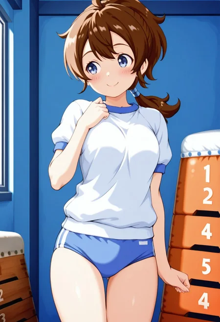 masterpiece,anime_coloring,anime_clothing,best quality,Tokia_DMO, 1girl, gym uniform,light blue buruma,solo, brown hair, ponytail,blush,smile,gym storeroom.