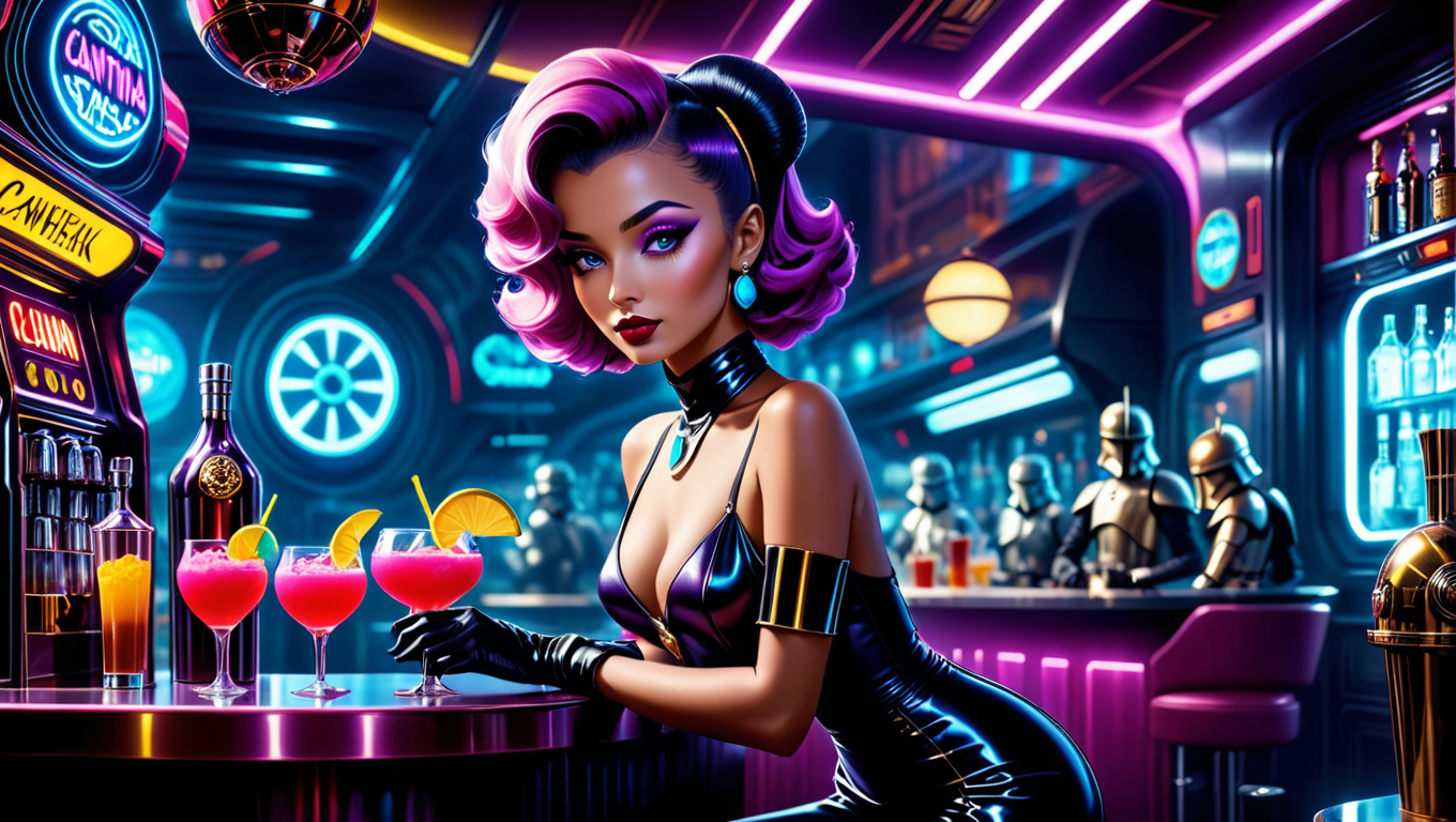 neonpunk style Beautiful noir pop surrealism modern art inspired by Greg Simkins + Gerald Brom + Salvador Dali + Agent X + Roy Lichtenstein, Closeup, young gorgeous stylish stunning star wars cantina bartender in the trippy star wars cantina, penetrating mesmerizing eyes, retro futuristic 1950s space age, sci-fi beautiful pop surrealism art, pop art deco, vivid and vibrant . cyberpunk, vaporwave, neon, vibes, vibrant, stunningly beautiful, crisp, detailed, sleek, ultramodern, magenta highlights, dark purple shadows, high contrast, cinematic, ultra detailed, intricate, professional