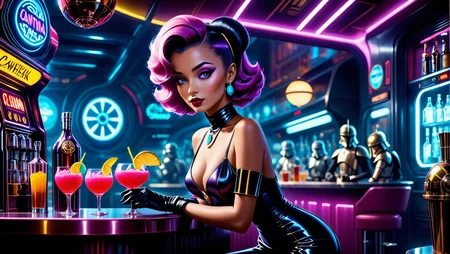 neonpunk style Beautiful noir pop surrealism modern art inspired by Greg Simkins + Gerald Brom + Salvador Dali + Agent X + Roy Lichtenstein, Closeup, young gorgeous stylish stunning star wars cantina bartender in the trippy star wars cantina, penetrating mesmerizing eyes, retro futuristic 1950s space age, sci-fi beautiful pop surrealism art, pop art deco, vivid and vibrant . cyberpunk, vaporwave, neon, vibes, vibrant, stunningly beautiful, crisp, detailed, sleek, ultramodern, magenta highlights, dark purple shadows, high contrast, cinematic, ultra detailed, intricate, professional