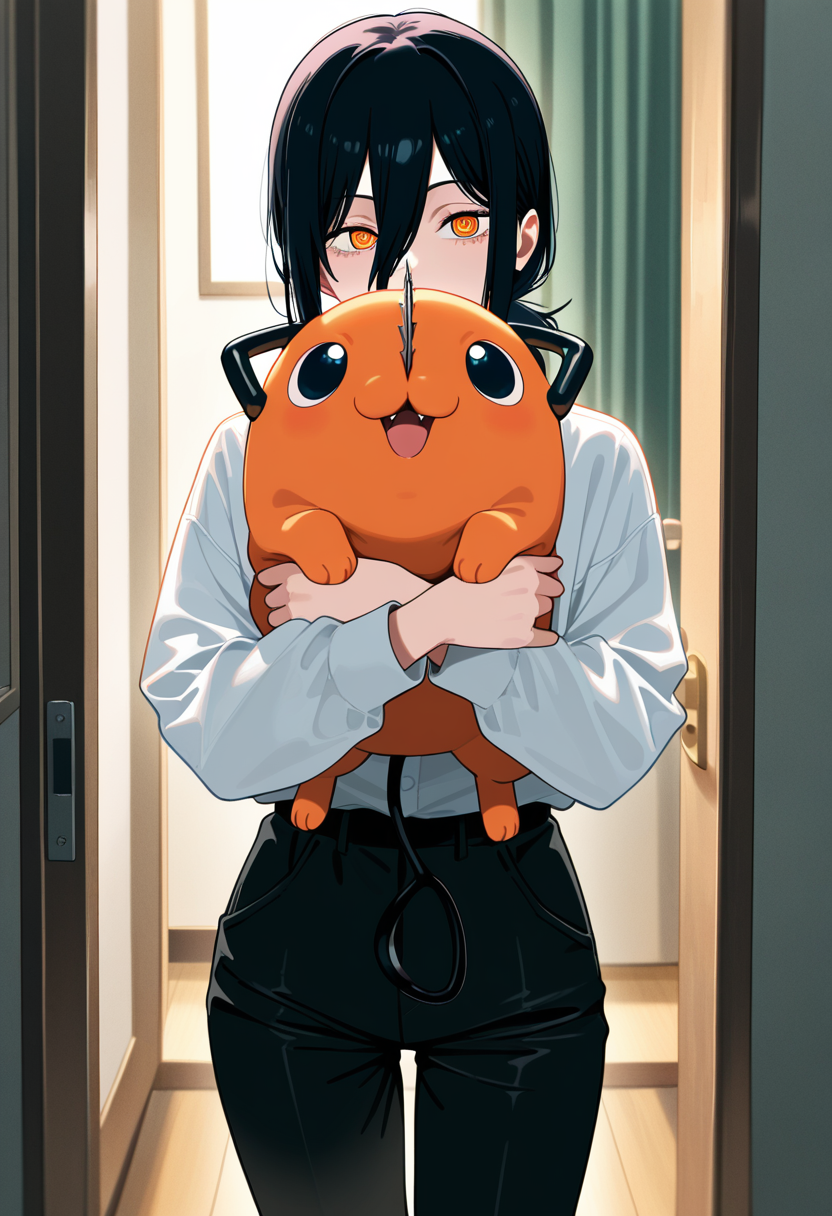 masterpiece, nayuta \ chainsaw man \ 1girl, masterpiece, best quality, absurdres, cute, holding pochita