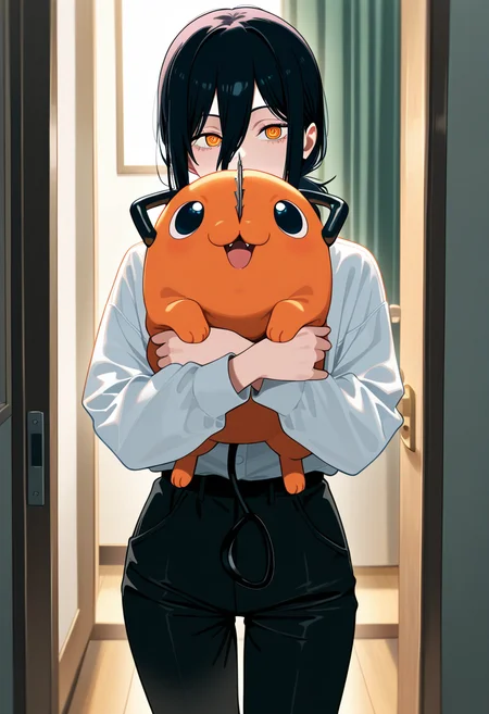 masterpiece, nayuta \ chainsaw man \ 1girl, masterpiece, best quality, absurdres, cute, holding pochita