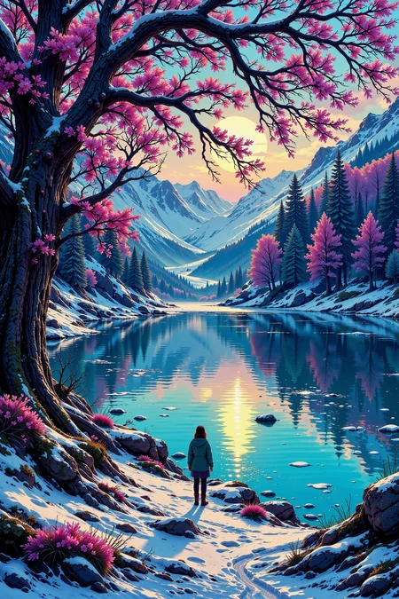 frozen lakeside beautiful landscape, morning, woman, very intricate, very detailed, sharp, bright, colorful, <lora:Hand v2:0.5> <lora:Anti-Blur:1><lora:Insane Detail Slider:0.25> <lora:flux.1_lora_flyway_Epic-detail_v2:0.3> <lora:fluxenhancer:0.25> <lora:ck-Neon-Retrowave:0.4> ck-rw, in the style of ck-rw, <lora:Neurocore Anime Cyberpunk:0.8> A digital artwork in the style of cknc