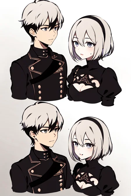 yorha no. 2 type b, 1girl, yorha no. 9 type s, 1boy, black dress, black gloves, black hairband, black jacket, bob cut, dress, gloves, grey background, grey eyes, hair between eyes, hairband, hand in another's hair, jacket, juliet sleeves, long sleeves, looking at another, mole, mole under mouth, nier \(series\), nier automata, puffy sleeves, short hair, twitter username, upper body, white hair
<lora:yorha_noDOT_2_type_b:0.5>