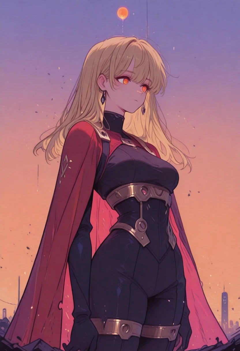akira style,Comic panel illustratio A female, Amidst the clearing skies of Neo-Tokyo's dystopia, a formidable female psychic emerges, her body adorned in a black bodysuit, stark against the city's recovering silhouette. The remnants of a red cape, frayed and weathered, wrap around her, fluttering in the serene breeze of a newfound calm. Radiating a potent aura of raw energy, she embodies the aftermath of chaos, now subdued. The air around her shimmers with the residual charge of her vast power. Beneath the serene sky, her aura glows with powerful force, a visual testament to her telekinetic supremacy that once bent the very fabric of reality amidst the city's ruins. Her expression, etched with fierce determination, captures the iconic essence of 'Akira's' espers—a paragon of human potential reaching its zenith, bathed in the gentle light of a world reborn, orange sphere in the background, k4l1s4m111